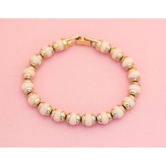 Vintage Golden Linked Pearl Beaded Bracelet | Gold Tone Beaded Bracelet | 7.5 in - Picture 1 of 3